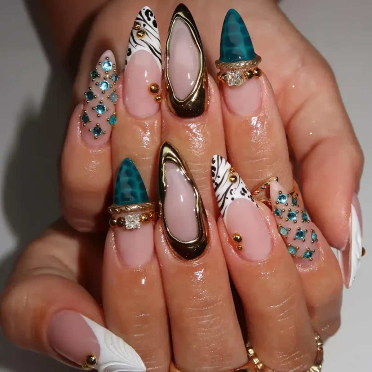 Turquoise Gold Luxury Stiletto Nails, 3D Rhinestone Press On Nails, Zebra French Tip & Teal Crocodile Nail Art, Glam Y2K Statement Manicure