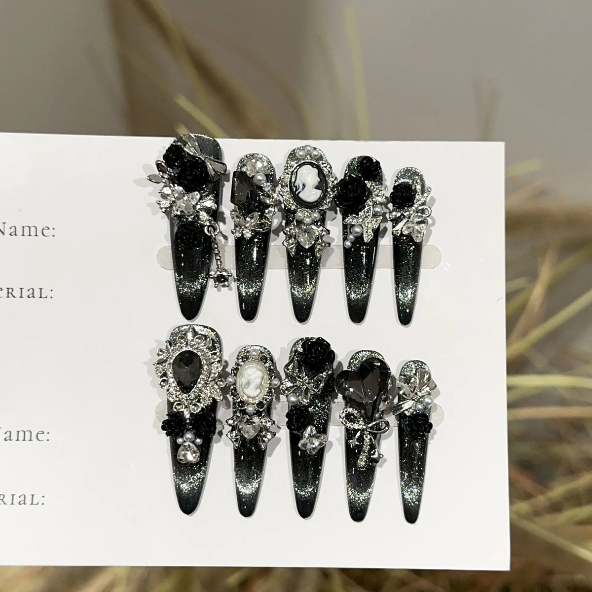 Atelier Handmade Extra Long Stiletto Press-On Nails, Black Glitter Metallic Cat Eye Design, Vintage Cameo Black Rose Bow Heart Rhinestone Pearl Dangles, Reusable Glossy Luxury for Gothic Wedding Evening Events, Long Nails Aesthetic