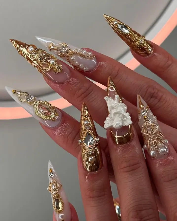 Baroque Luxury Gold Chrome Press On Nails | Extra Long Stiletto Fake Nails with 3D Angel Cherubs, Pearls & Rhinestones | Vintage Gothic Reusable False Nails | Edgy Baddie Manicure Set