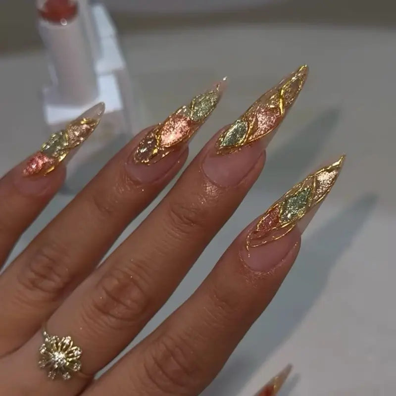 SHEDARES Sunset Cat Eye – Handmade Press-On Nails with Pink, Green & Gold Cat Eye Effects, Metallic Edges & Glossy Nude Base – Perfect for Vacation & Glow Looks