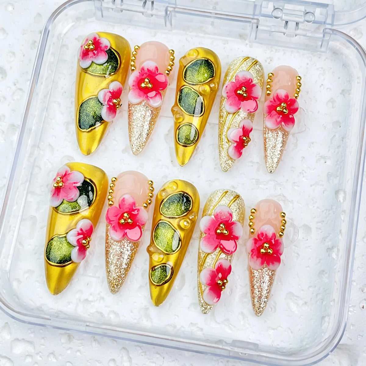 DivelleNails Handmade Press On Nails Collection 10pcs,Stiletto Nude Pink Gradient Nails,3D White Flower Gold Bangle Accent Blue Purple Heart Rhinestone,Reusable Acrylic False Nails
