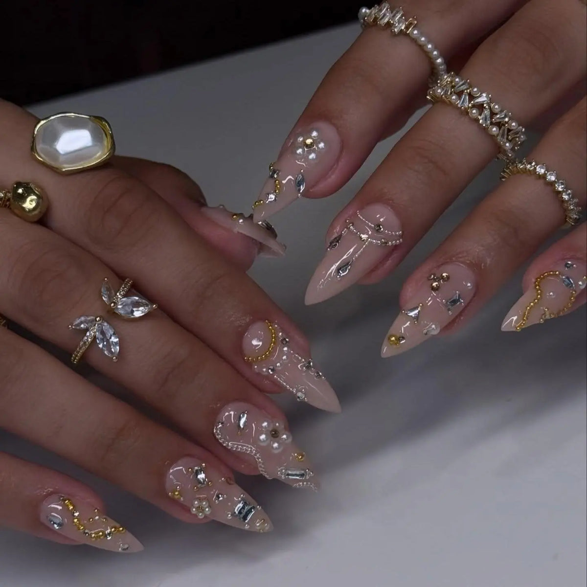 Handmade Pearl & Gold Drip Luxury Stiletto Press On Nails | Elegant Bridal White Pearl Fake Nails | 3D Crystal Wedding, Event Nail Gems