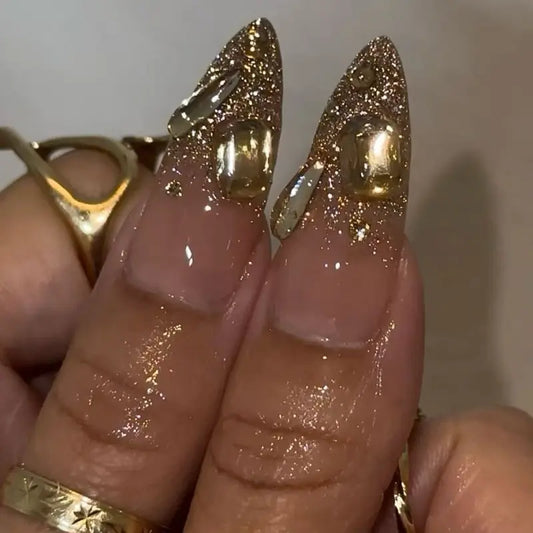 SHEDARES Golden Glitter – Luxury Nude Press-On Nails with Gold Glitter & Metallic Gems – Perfect for Weddings, Parties & Elegant Glam Nights