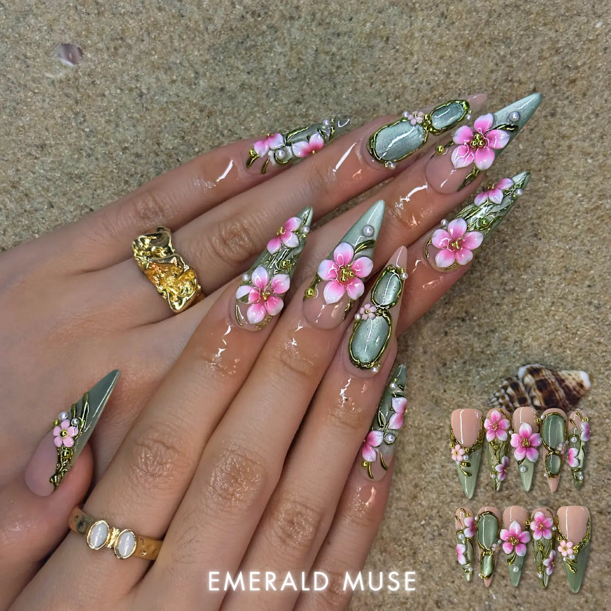 NailPhoria EMERALD MUSE -SUMMER Handmade Press-On Nails | Reusable, Salon-Quality, Long-Lasting, Glossy Design