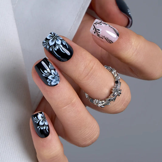 CurvLife Midnight Bloom Black and White Floral Press-On Nails – 30PCS Square Shape, Glossy Finish, Hand-Painted 3D Flower Art Design, Elegant and Classy, Reusable & Non-Toxic, Perfect for Wedding, Party, or Daily Chic Look, DIY Salon Nails at Home