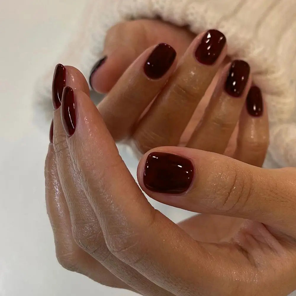 24pcs Short Square French Press-On Nails, Nails Press Ons, Wine Simple High-End Style, Acrylic Glossy False Nails Set, Fake Nails for Women and Girls, French Nail Art